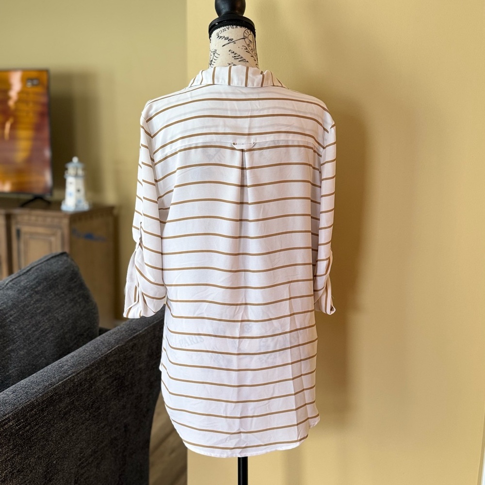 Striped White and Tan Button-Up Shirt